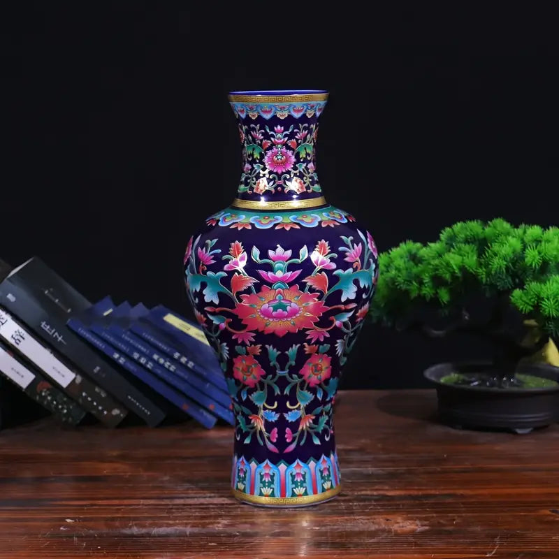 Kingsport Ceramic Vase Blue Base Enamel Color Twisted Branch Pattern Golden Vase Antique