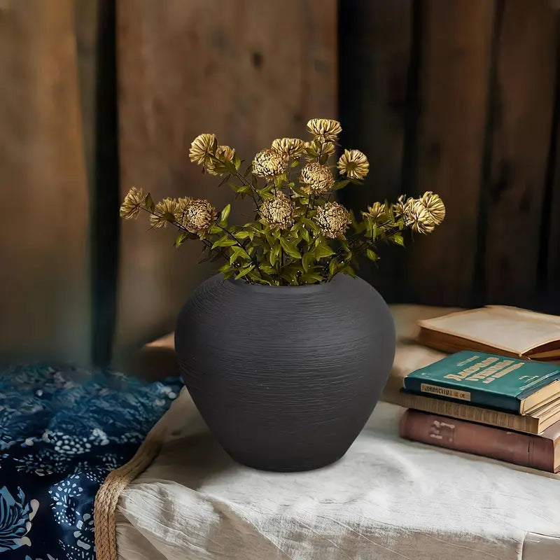 Black Rustic Ceramic Vase - 6.8 Inch Tall Farmhouse Floor Vase, Heavy-Duty