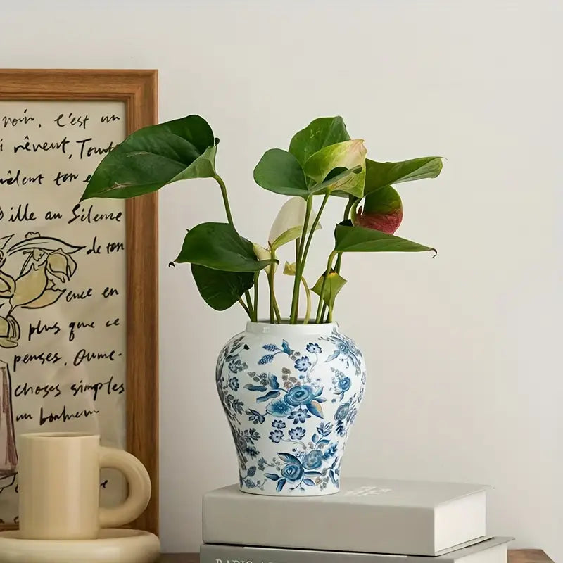 Vintage Blue and White Ceramic Vase with Floral Pattern, Round Tabletop Flower Vase
