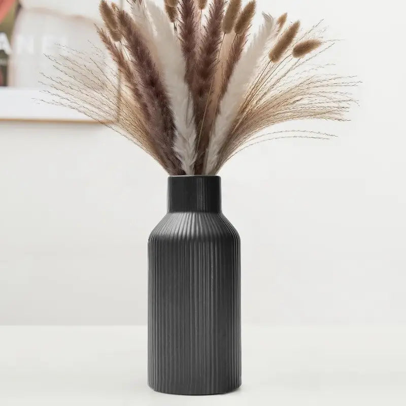 Black Ceramic Vase for Pampas Grass - Small Cylinder Vase for Dining Table