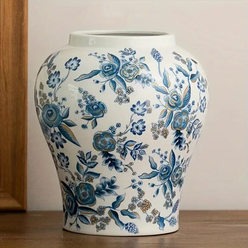 Vintage Blue and White Ceramic Vase with Floral Pattern, Round Tabletop Flower Vase