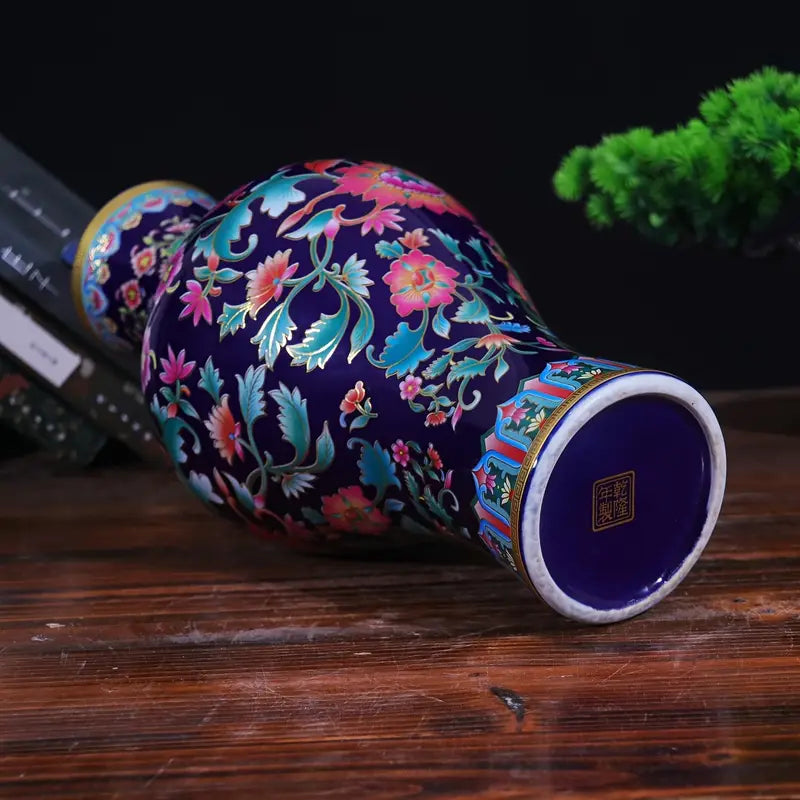 Kingsport Ceramic Vase Blue Base Enamel Color Twisted Branch Pattern Golden Vase Antique