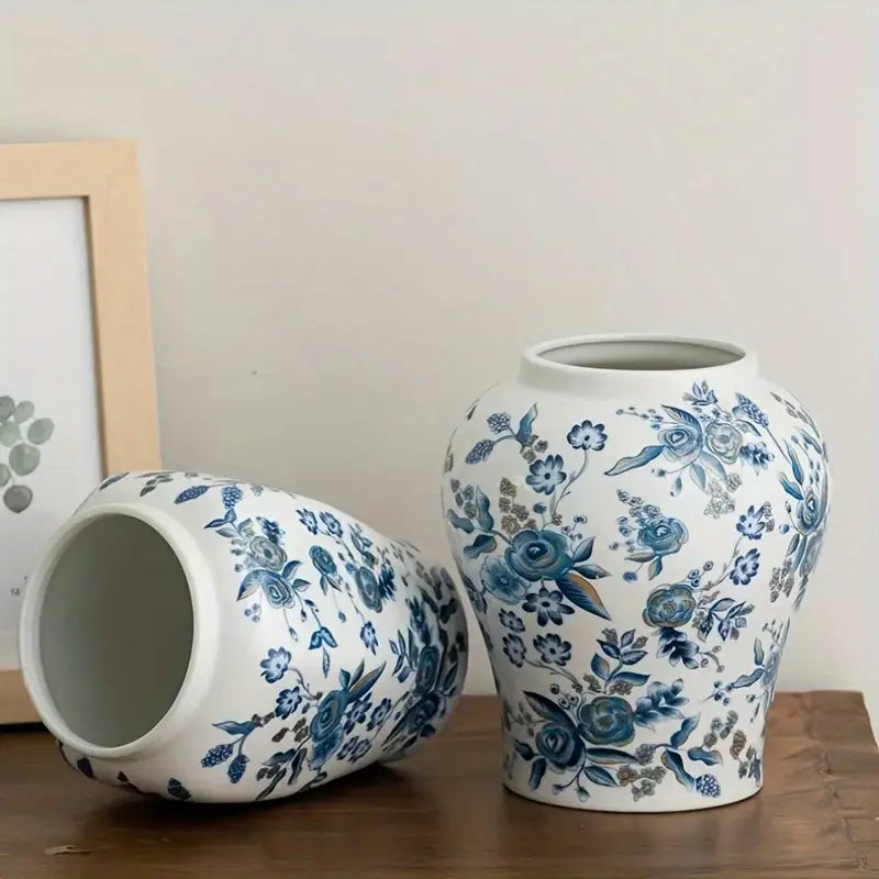 Vintage Blue and White Ceramic Vase with Floral Pattern, Round Tabletop Flower Vase