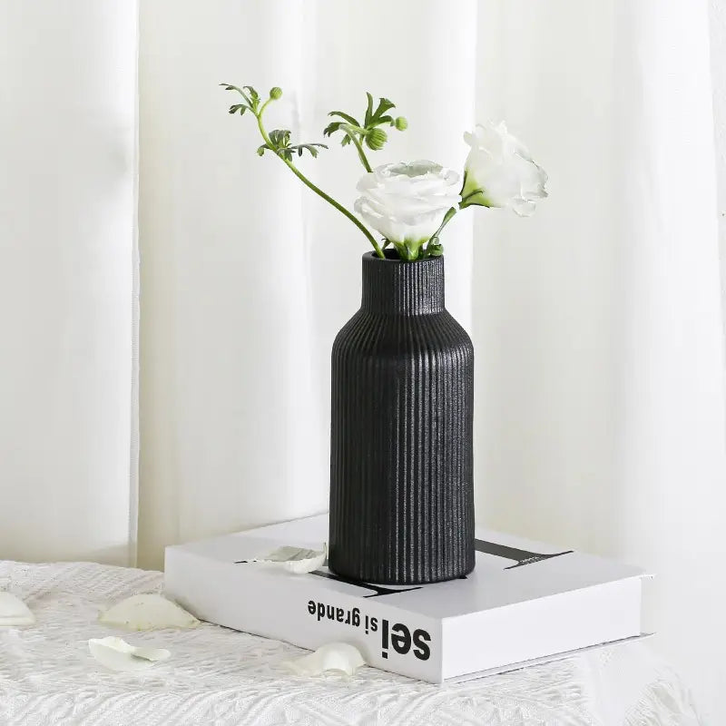 Black Ceramic Vase for Pampas Grass - Small Cylinder Vase for Dining Table
