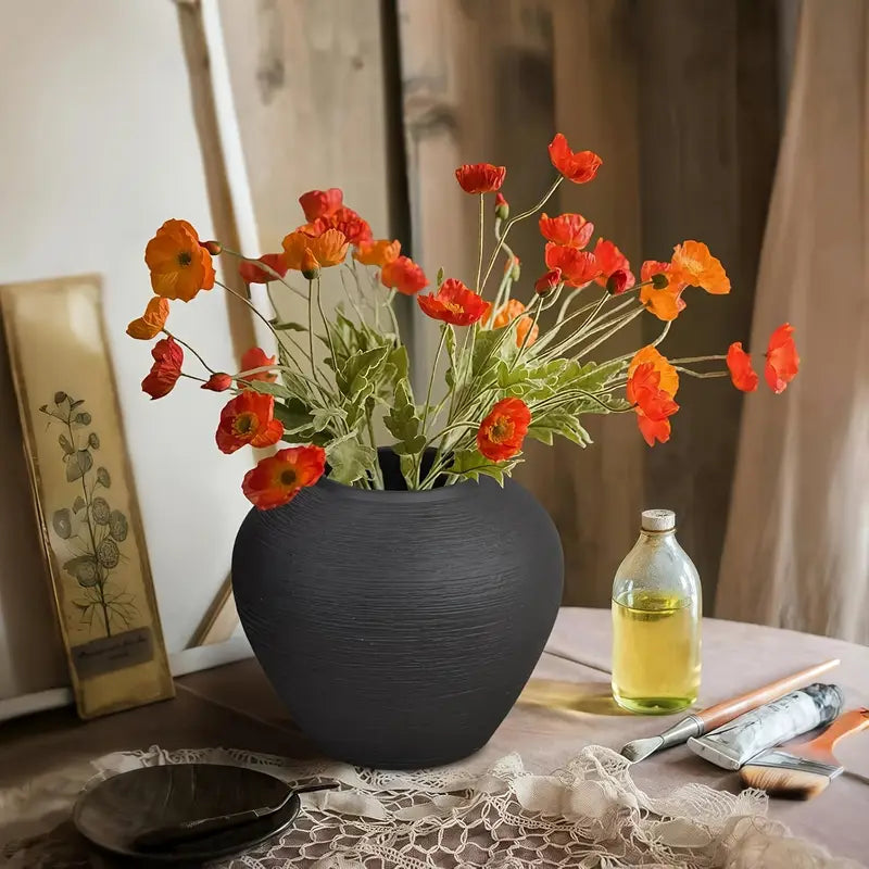 Black Rustic Ceramic Vase - 6.8 Inch Tall Farmhouse Floor Vase, Heavy-Duty