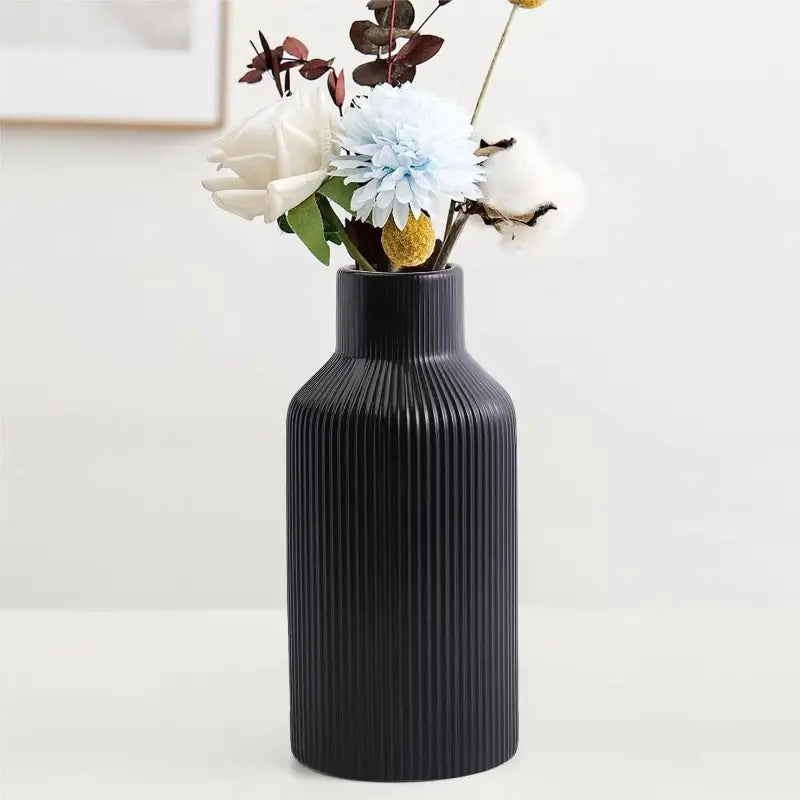 Black Ceramic Vase for Pampas Grass - Small Cylinder Vase for Dining Table